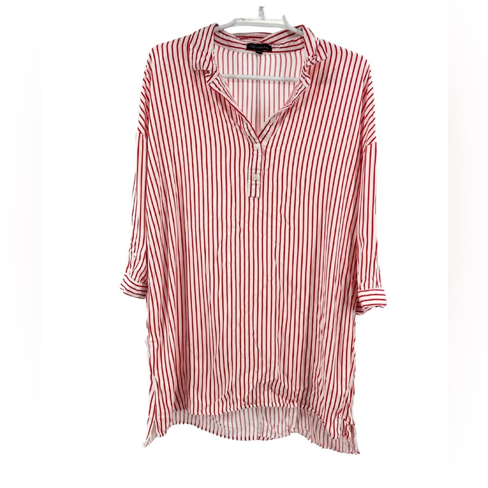 Shinestar Red White striped 3/4 sleeve XL tunic top coverup lightweight holiday